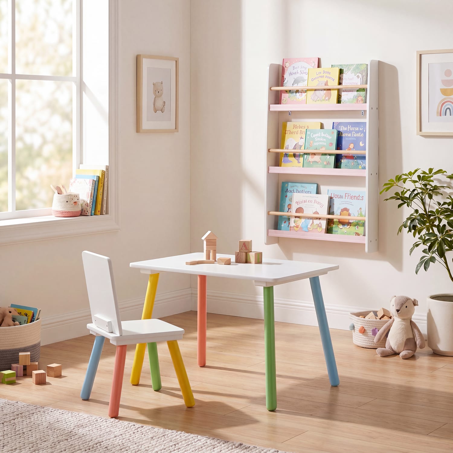 Liberty House Toys Rainbow Table and Chair & Bookshelf Set - White & Pink, product image 2