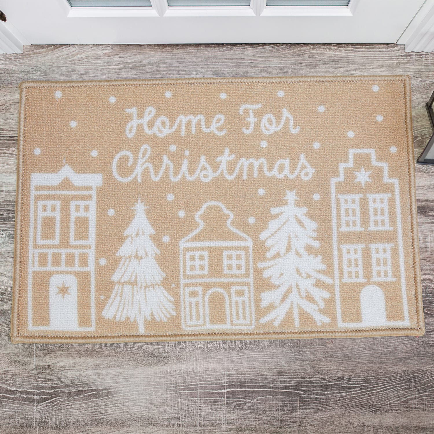 Festive Feeling Washable Door Mat - Beige Home For Christmas