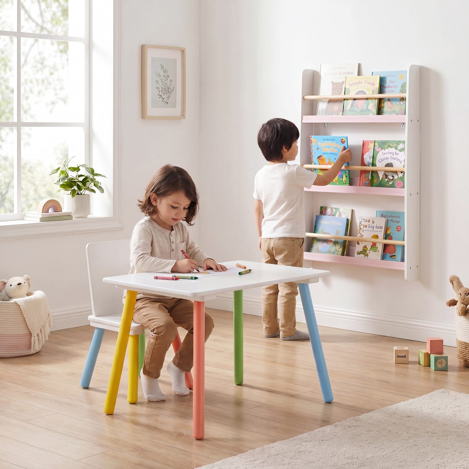 Liberty House Toys Rainbow Table and Chair & Bookshelf Set - White & Pink
